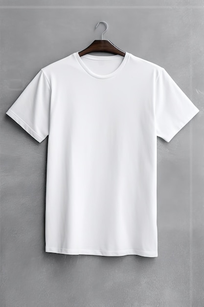 Une maquette avec un t-shirt blanc suspendu sur un mur propre