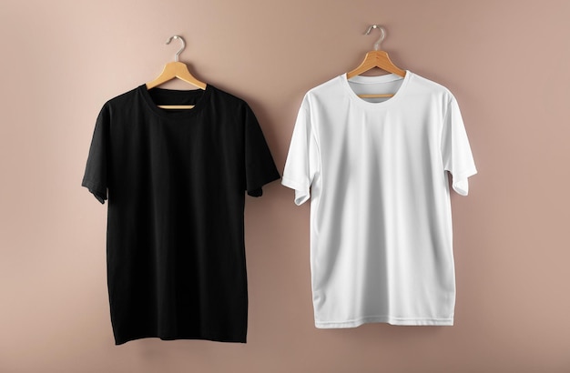 Maquette de T-shirt sur un cintre en bois vue latérale avant et arrière haute résolution