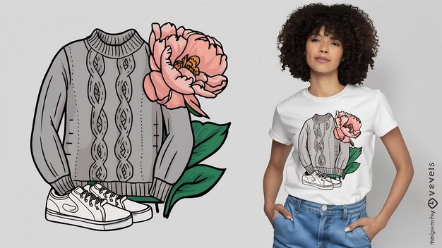 Maquette de T-shirt en coton noir pour femmes avec un pull aran gris, des baskets blanches et une pivoine rose pâle