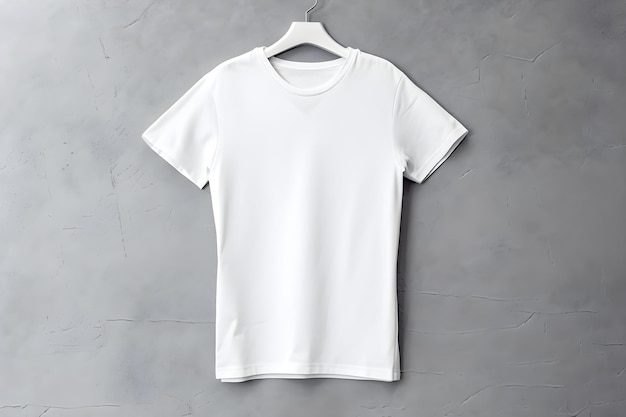 Maquette de t-shirt femme blanche sur un cintre fond de béton foncé Modèle de conception de t-shirt présentation d'impression maquette Vue de dessus mise à plat générée par l'IA