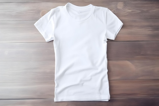 Maquette de t-shirt femme blanche sur fond de bois foncé Conception de modèle de t-shirt présentation d'impression maquette Vue de dessus mise à plat générée par l'IA