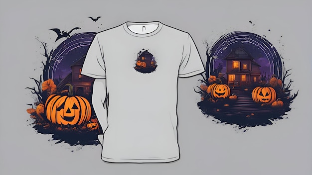 Maquette de t-shirt d'Halloween avec fond de citrouille et de maison hantée