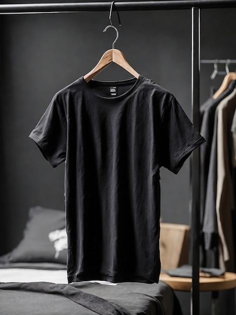 maquette de t-shirt noir avec un cintre minimaliste