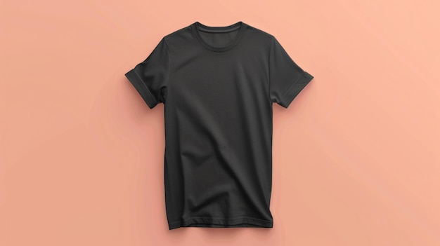 Une maquette d'un T-shirt noir sans écriture sur un fond pêche