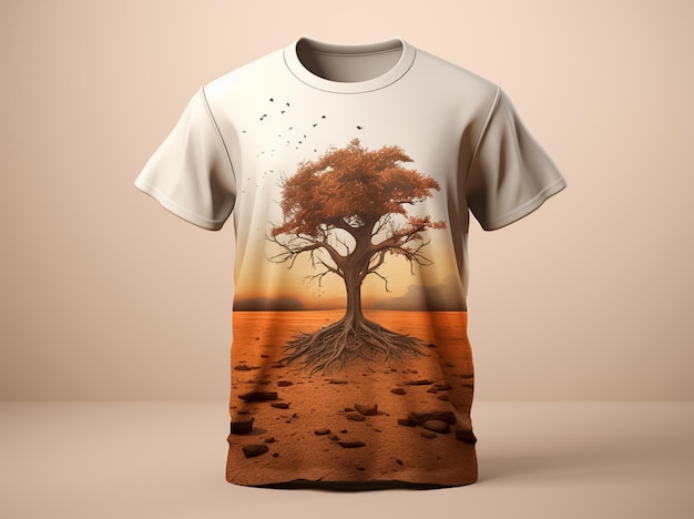 maquette de t-shirt avec photo d'arbre menteur dans le style de mélanges d'éléments réalistes et fantastiques