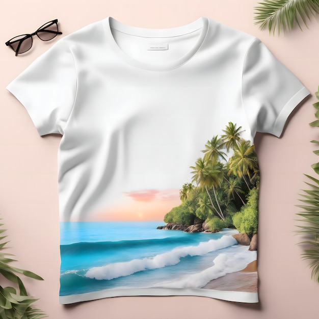 Maquette de t-shirt avec plage tropicale et palmiers