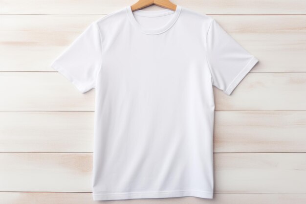 Une maquette d'un T-shirt en tissu blanc sur un fond en bois