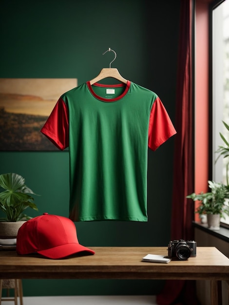 Maquette de t-shirt vert et rouge vierge