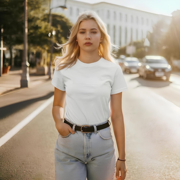 Maquette de t-shirts blancs vue de devant avec style de modèle féminin
