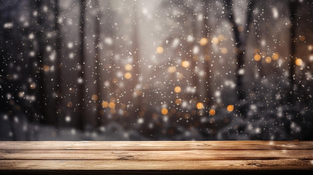 Maquette de table en bois avec chute de neige sur fond Espace vide pour la présentation du produit AI générative