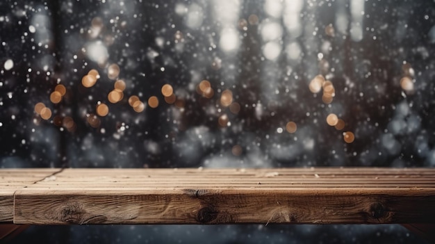 Maquette de table en bois avec chute de neige sur fond Espace vide pour la présentation du produit AI générative