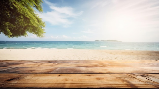 Maquette de table en bois avec fond de plage paradisiaque tropicale Espace vide pour la présentation AI générative