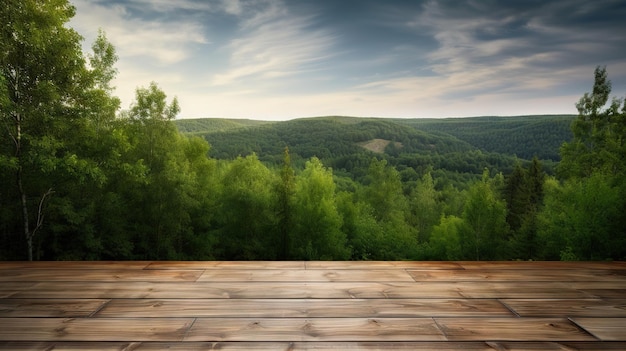 Maquette de table en bois avec forêt verte pittoresque sur fond Espace vide pour la présentation AI générative