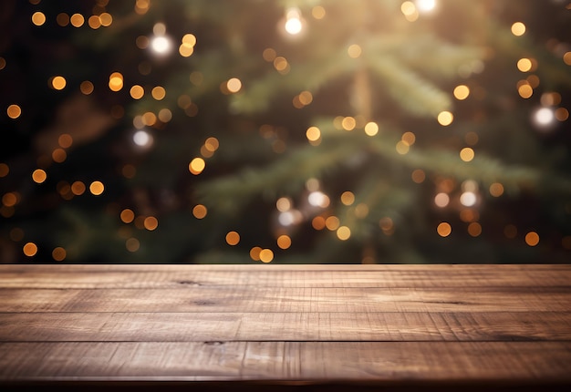 Maquette de table de Noël en bois avec des lumières floues de l'arbre de Noël et un fond bokeh Bannière de modèle festif avec décoration créative de baubles et espace de copie