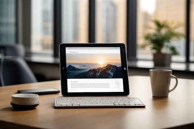 Maquette de tablette avec clavier sans fil et espace vide sur la table sur un bureau flou en arrière-plan