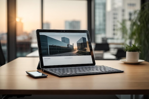 Maquette de tablette avec clavier sans fil et espace vide sur la table sur un bureau flou en arrière-plan