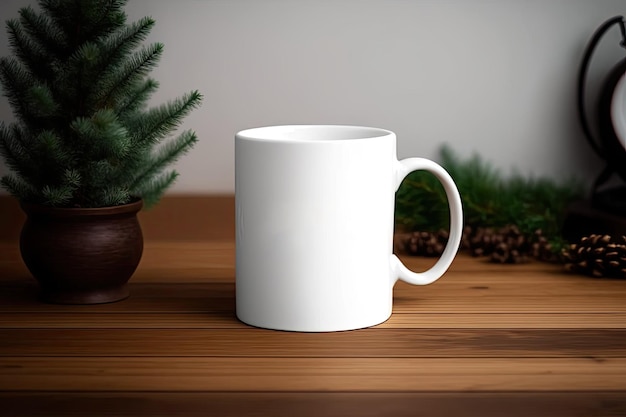 Maquette d'une tasse blanche avec un feuillage persistant pour l'hiver ou Noël