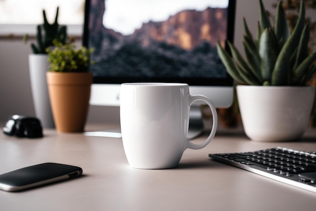 Maquette de tasse blanche sur la table de bureau à domicile