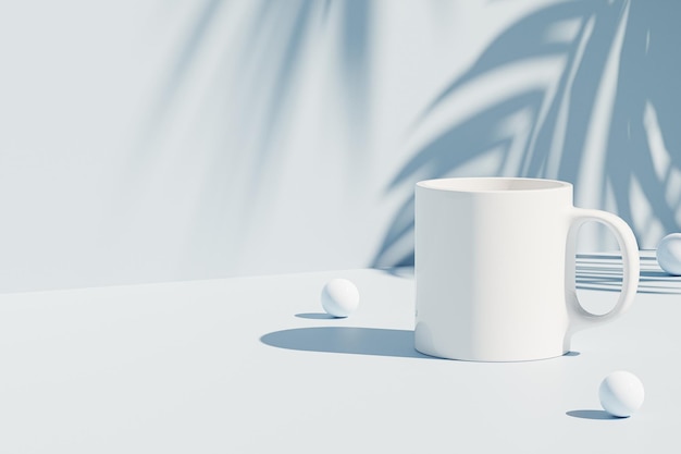Maquette avec une tasse blanche, une tasse de thé ou de café sur fond d'été tropical bleu, modèle vierge pour votre conception, image de marque, entreprise. rendu 3D