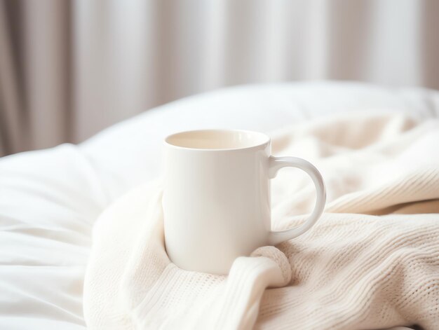 Maquette de tasse à café blanche vide sur des vêtements tricotés chauds en automne et en hiver