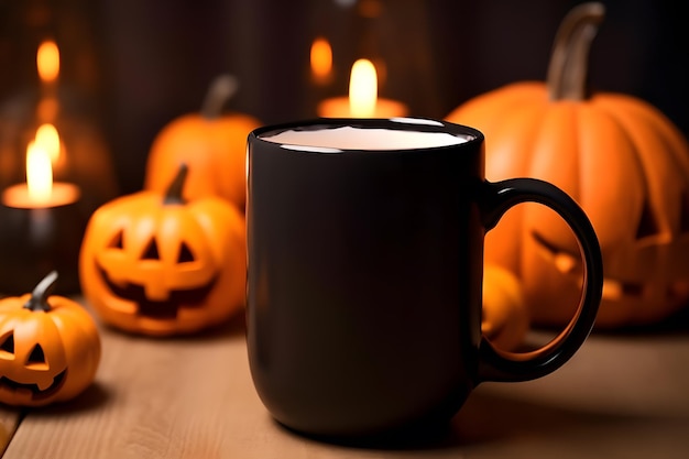 Maquette de tasse de café avec des décorations d'Halloween Halloween Black Mug Mockup généré par l'IA