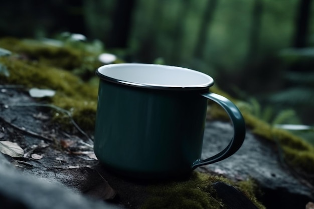 Maquette de tasse à café en émail vierge tasse de camping en forêt