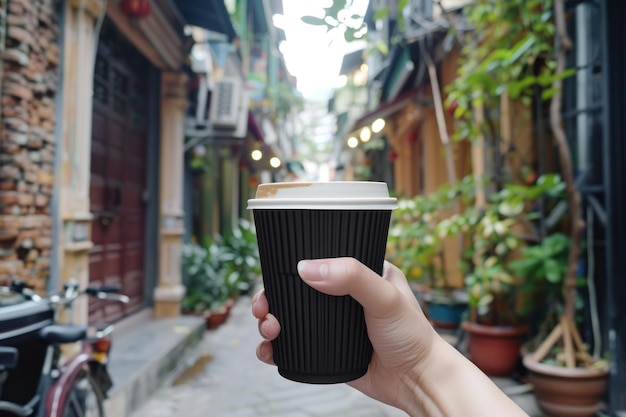 Une maquette d'une tasse de café à la main sur une photo de rue
