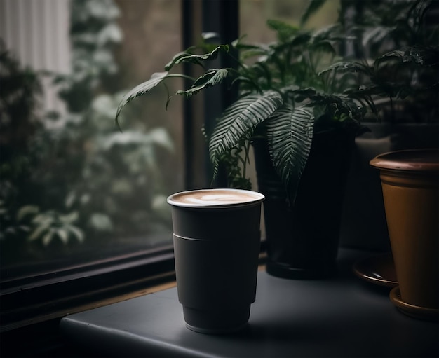 maquette de tasse de café en papier plantes sur fond sombre maquette sombre et maussade