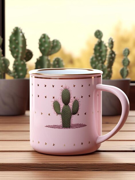 Photo maquette de tasse d'émail avec des rubans de soie et un cactus dans un pot sur une table blanche