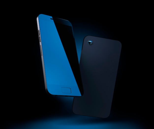 Maquette de téléphone portable Rendu 3d de téléphone portable Smartphone sur fond sombre avec rétro-éclairage bleu