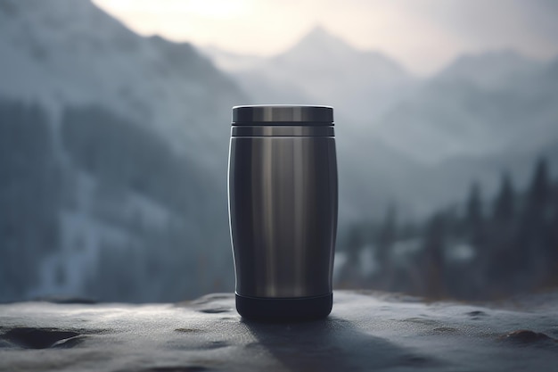 Une maquette de thermos en acier inoxydable dans la neige