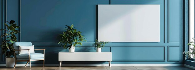 Photo une maquette de toile blanche dans une pièce avec des murs bleus avec un fauteuil blanc et un placard