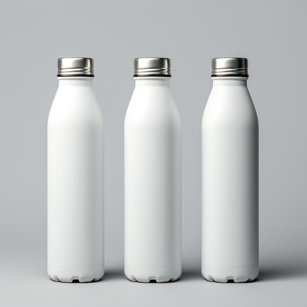Maquette de trois bouteilles tachées de blanc et de couvercles argentés