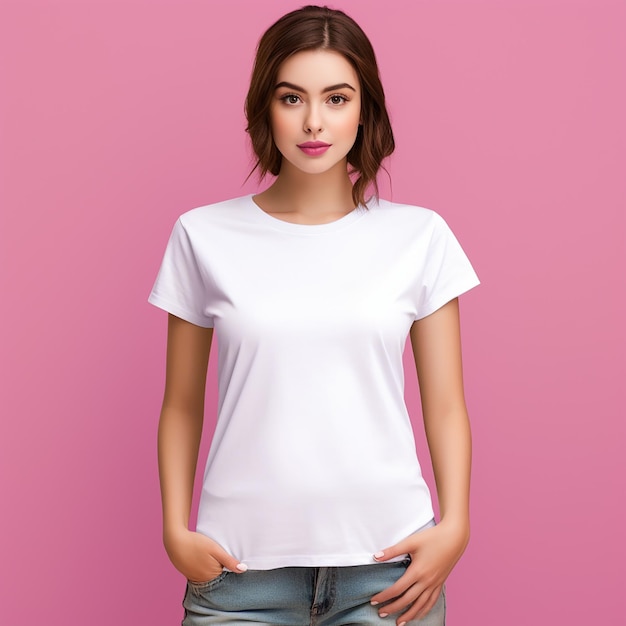 maquette de tshirt de jeune femme souriante portant un tshirt mauve bruyère vierge