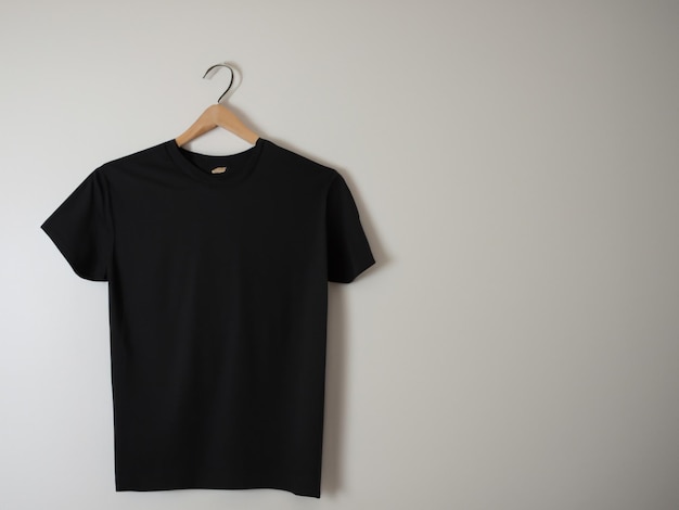 Photo maquette de tshirt réaliste t-shirt noir et blanc vierge sur cintre tshirt mockup design