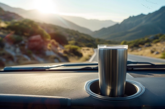 Maquette d'un verre de voyage en acier inoxydable dans une voiture