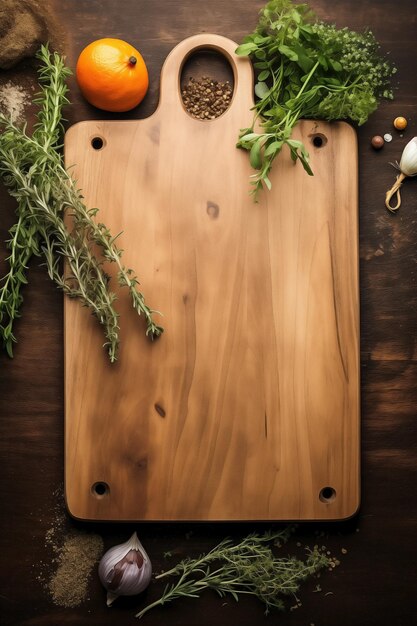 Maquette vide de planche de coupe en bois rustique avec un cadre de conception bordé entouré d'ingrédients frais