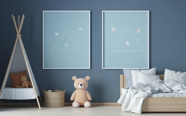 Maquettes d'affiches dans des affiches intérieures de chambre d'enfant sur fond de mur bleu vide