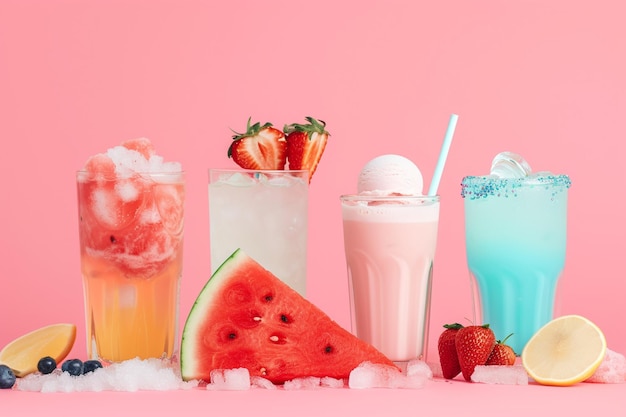 Des maquettes de fruits et de boissons d'été avec une tranche de crème glacée à la pastèque et des boissons froides