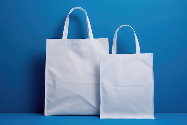 Maquettes vides d'un sac en tissu blanc sur fond bleu