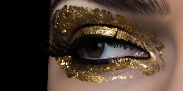 Maquillage doré pour les yeux avec un œil noir et des paillettes dorées sur l'œil.