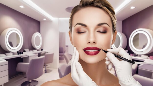 Photo le maquillage permanent pour les lèvres rouges d'une belle femme dans un salon de beauté