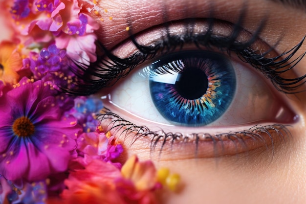 Maquillage pour les yeux haute couture avec des fleurs Beau maquillage de vacances en gros plan Illustration générative AI