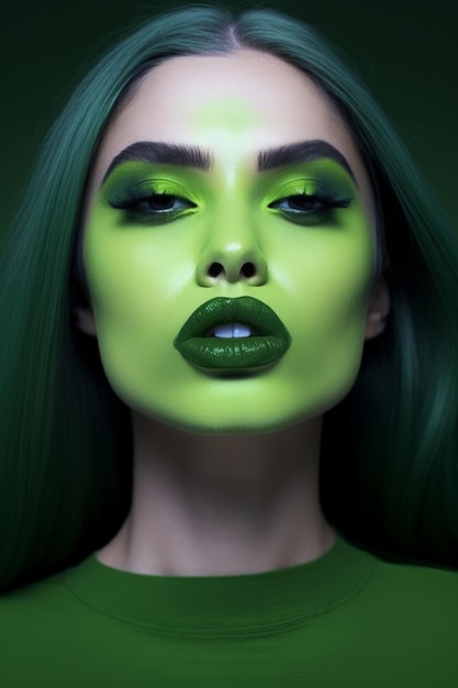 Maquillage vert avec un visage vert et des yeux verts