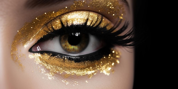 Un maquillage des yeux doré avec des paillettes dorées sur les yeux