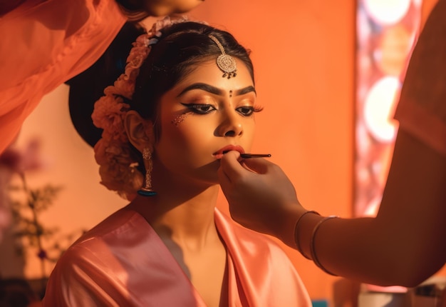 Maquilleuse applique une jeune femme indienne avec des vêtements de mariée