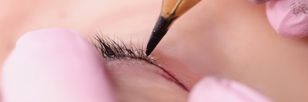 Photo maquilleuse permanente faisant un tatouage de paupière pour un client dans l'industrie de la beauté en gros plan d'un salon de beauté