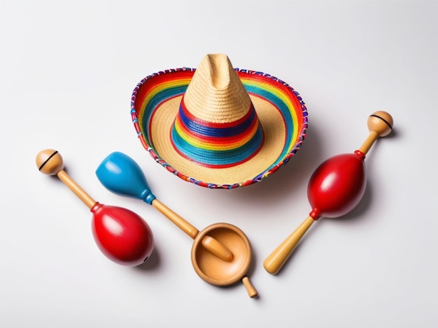 Photo des maracas colorés et un chapeau de sombrero isolés sur un instrument de musique blanc en haut