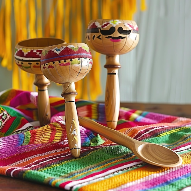 Maracas peints à la main sur un textile tissé coloré avec une cuillère en bois