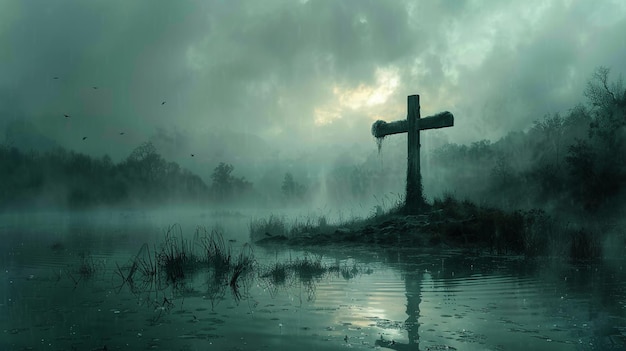 Un marais couvert de brume avec une croix solitaire en arrière-plan